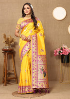 Lorenvalley Fashion Yellow Soft Paithani Silk Woven Design Rich Meenakari Zari Weaving Pallu Saree