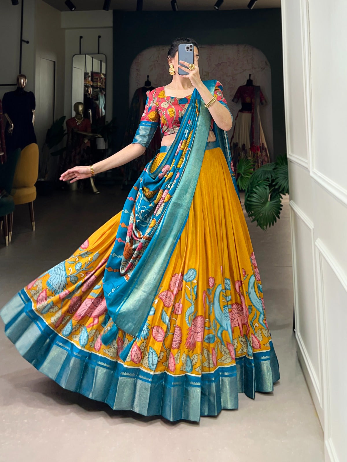 Lorenvalley Yellow Dola Silk and Jacquard Silk Printed (Kalamkari) With Zari Weaving Border Lehenga Choli