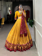 Lorenvalley Yellow Tussar Silk Lehenga Leheriya Patola Print Border With Choli Bandhej Print With Bandhej Print Gotta Patti Lace Border Dupatta