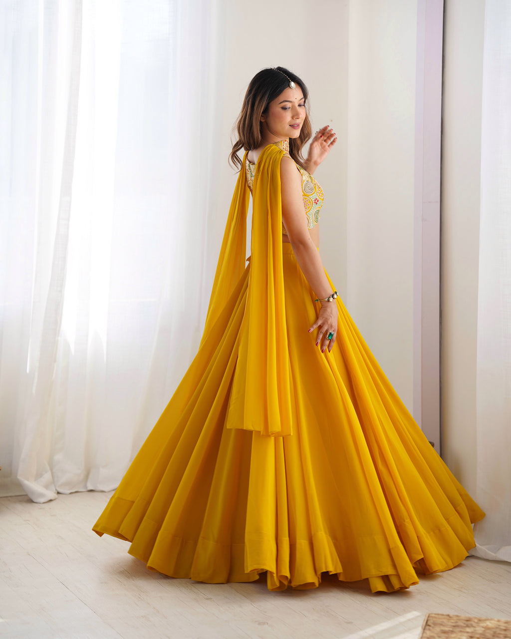 Lorenvalley Yellow Faux Georgette Stitched Lehenga Embroidery Blouse with Dupatta