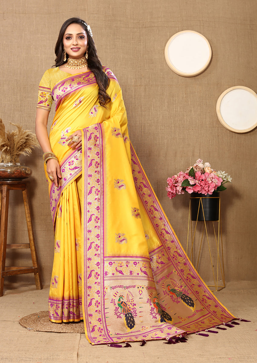 Lorenvalley Fashion Yellow Soft Paithani Silk Woven Design Rich Meenakari Zari Weaving Pallu Saree