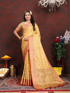 Lorenvalley Fashion Yellow Soft Katan Silk Woven Design Rich Zari Weaving Pallu Saree