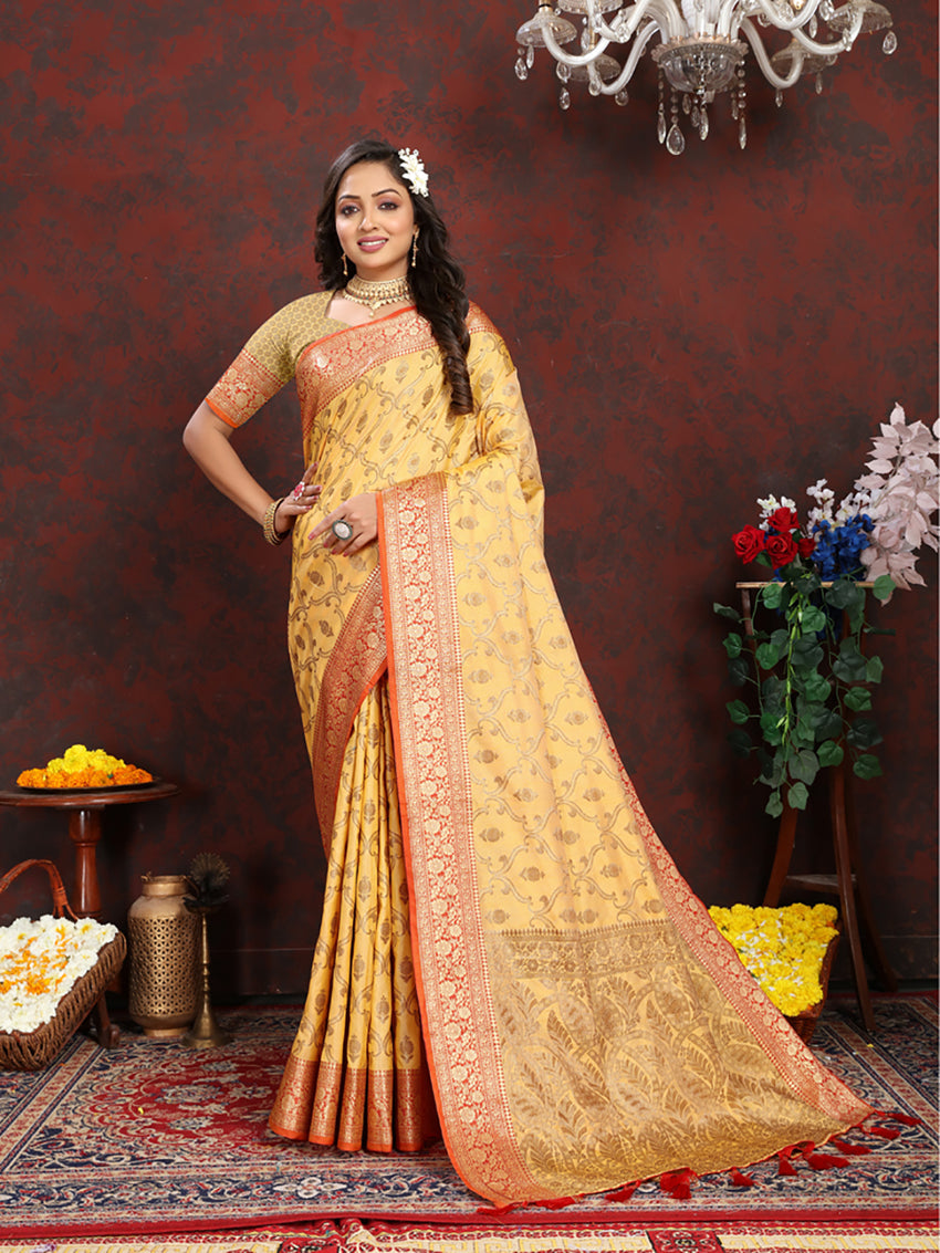 Lorenvalley Fashion Yellow Soft Katan Silk Woven Design Rich Zari Weaving Pallu Saree