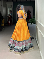 Lorenvalley Yellow Rayon with Bandhej And Ajarakh Print With Embossed Design Gota Lace Touch up Lehenga Choli
