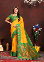 Lorenvalley Fashion Yellow Soft Paithani Silk Woven Design Rich Zari Meenakari Weaving Saree