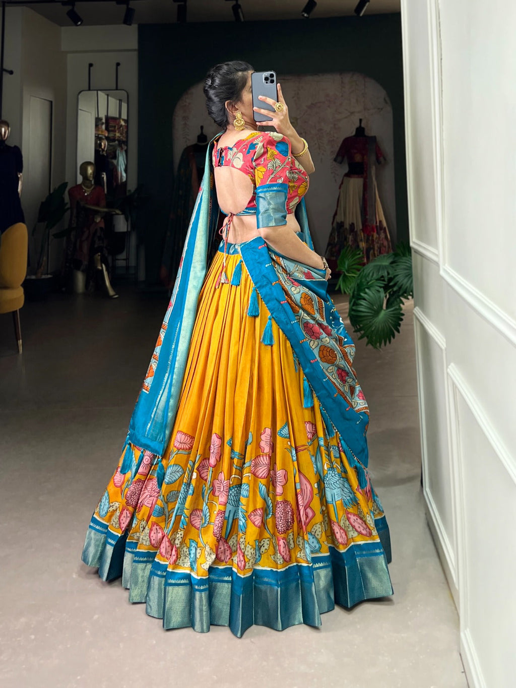 Lorenvalley Yellow Dola Silk and Jacquard Silk Printed (Kalamkari) With Zari Weaving Border Lehenga Choli