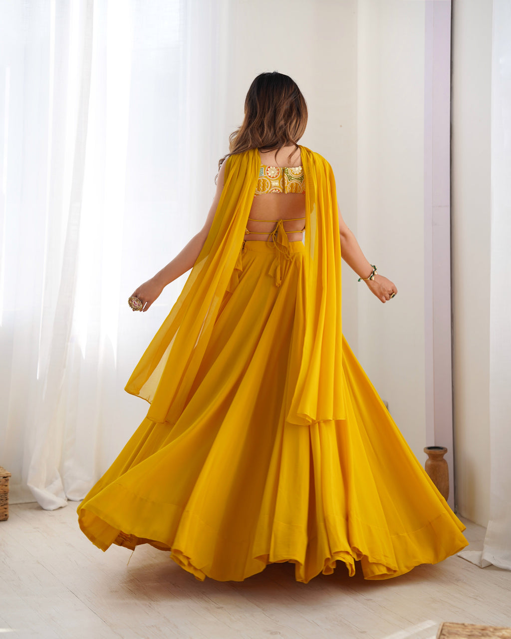 Lorenvalley Yellow Faux Georgette Stitched Lehenga Embroidery Blouse with Dupatta