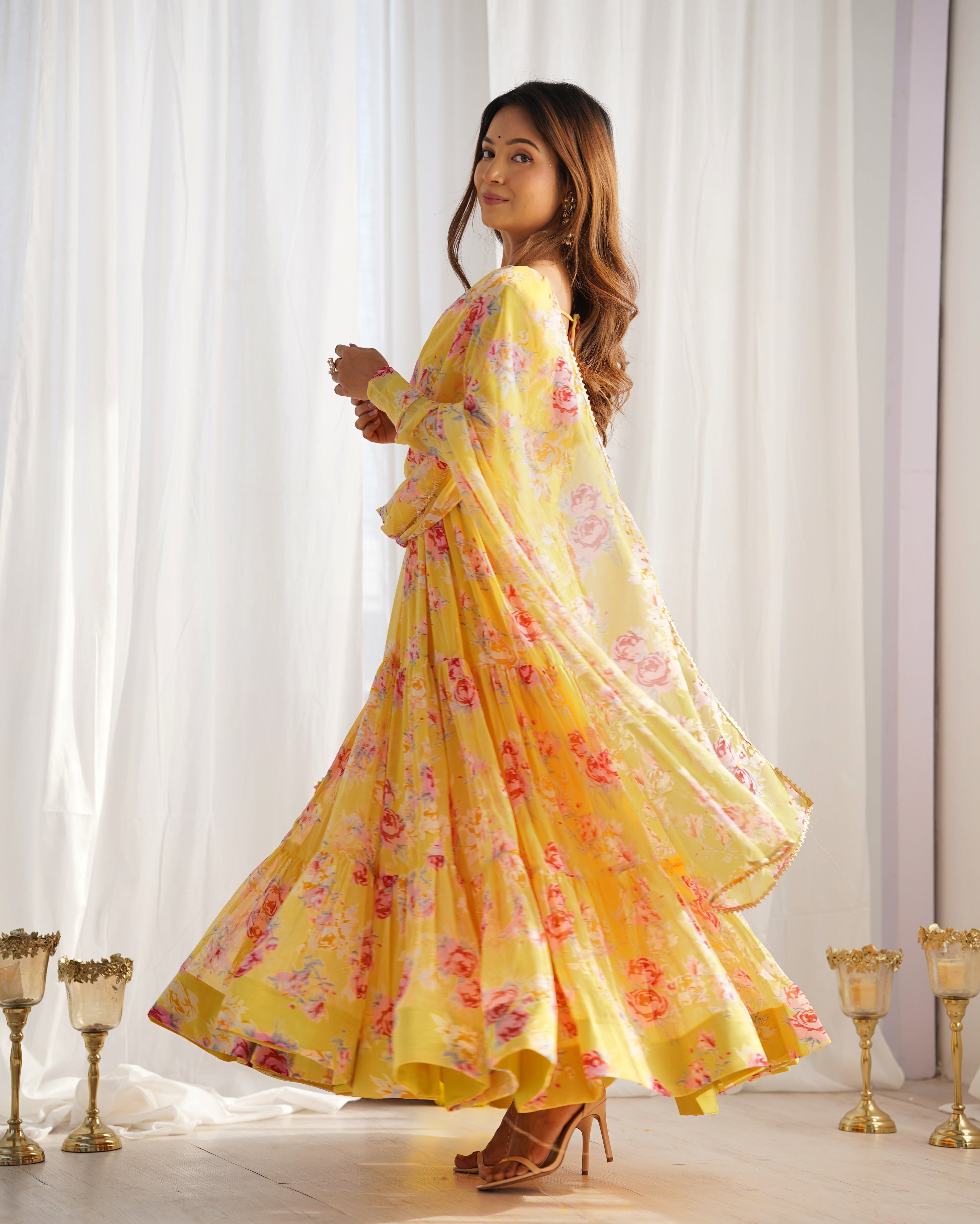 Lorenvalley Women Pure Soft Faux Georgette Floral Print Fully Flair Anarkali Kurta Pant With Dupatta Set - Yellow