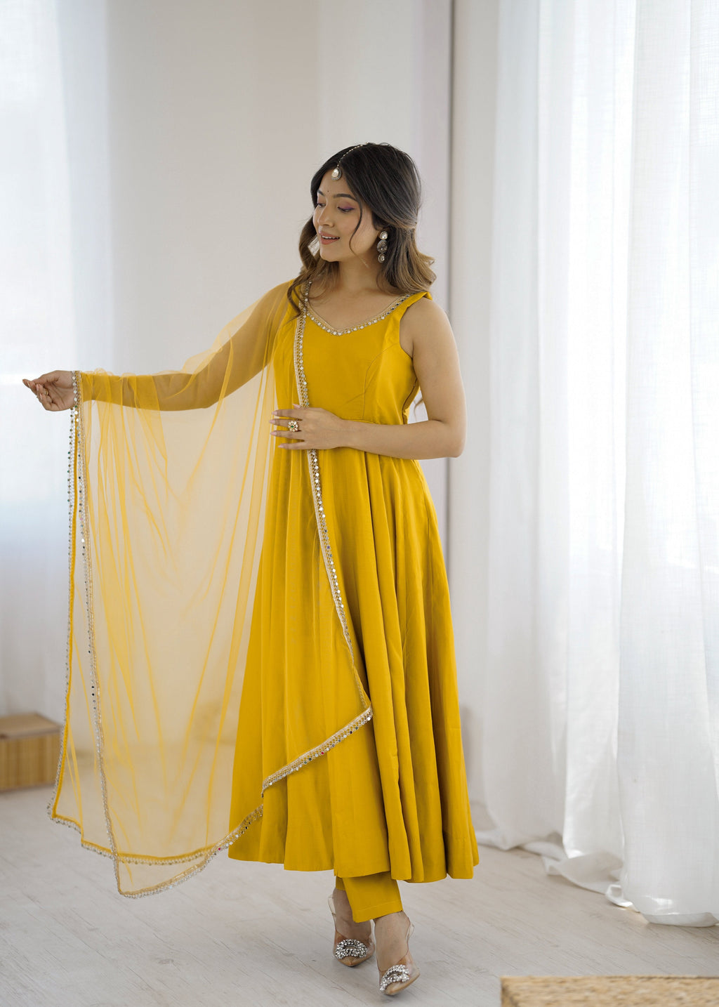 Lorenvalley Fashion Yellow Pure Romansilk Chanderi Fabric Yoke Fancy Lace Work Anarkali Kurta Pant With Dupatta Set - Distacart