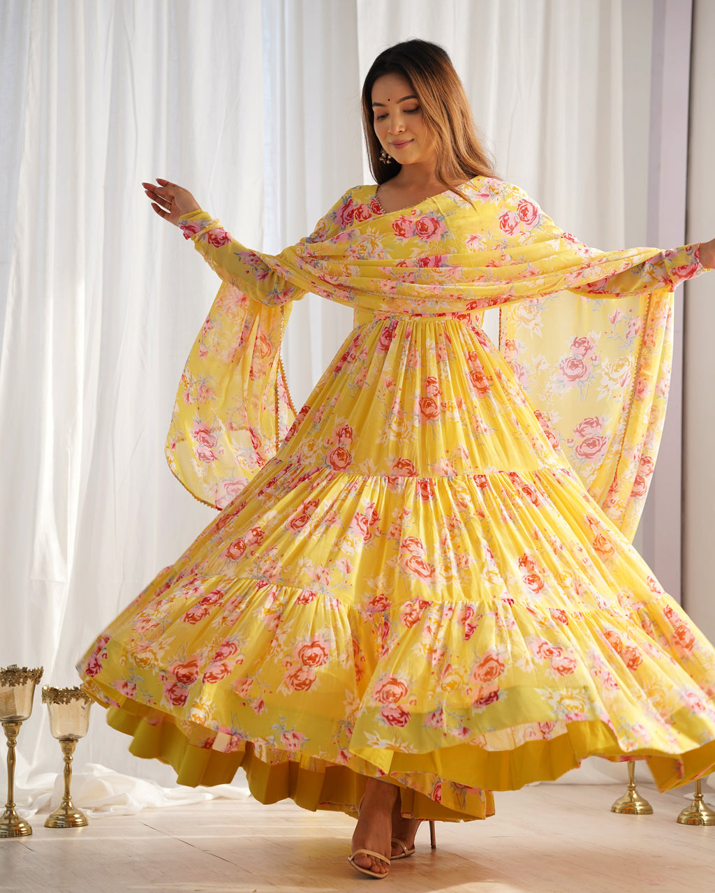Lorenvalley Women Pure Soft Faux Georgette Floral Print Fully Flair Anarkali Kurta Pant With Dupatta Set - Yellow