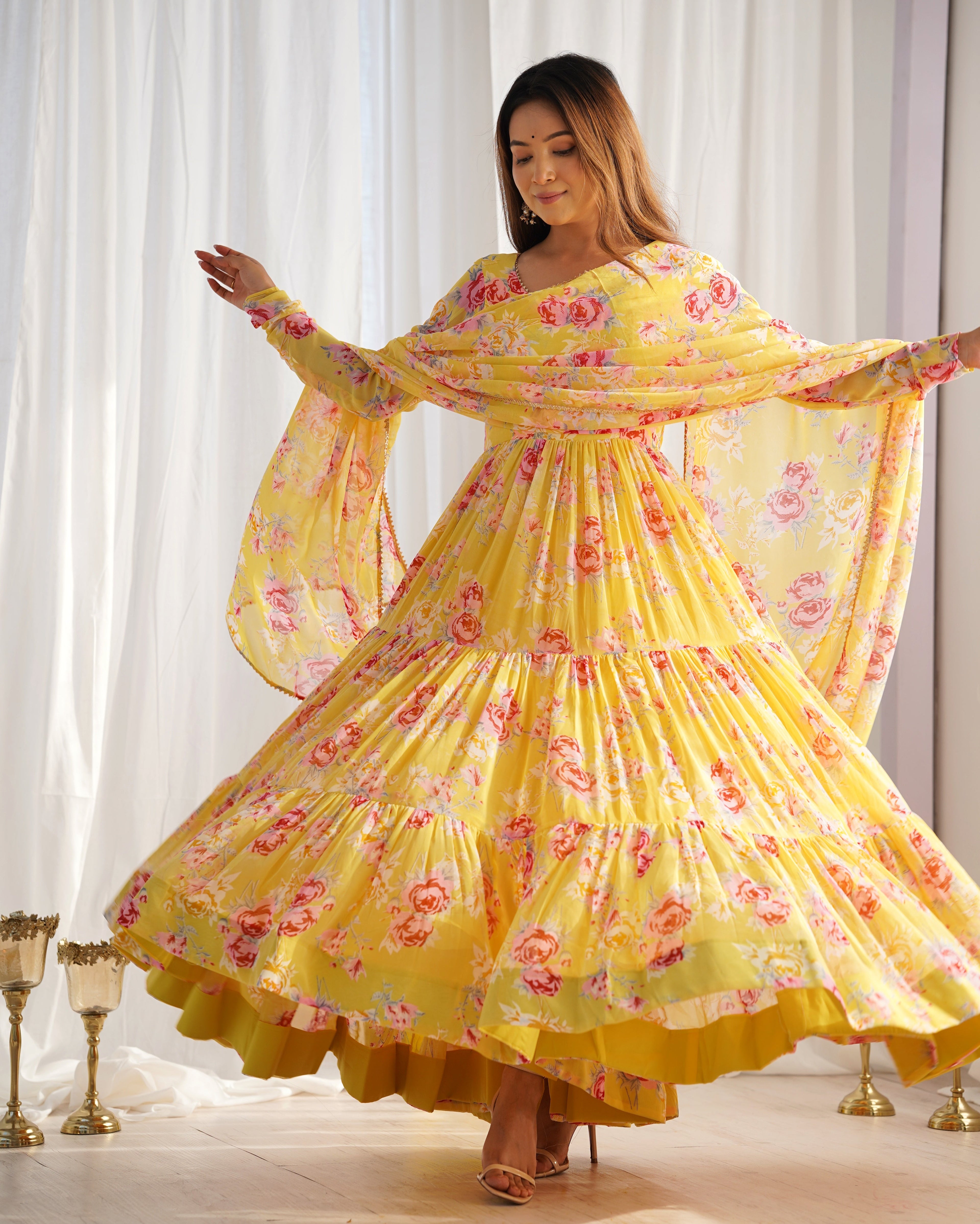 Lorenvalley Women Pure Soft Faux Georgette Floral Print Fully Flair Anarkali Kurta Pant With Dupatta Set - Yellow