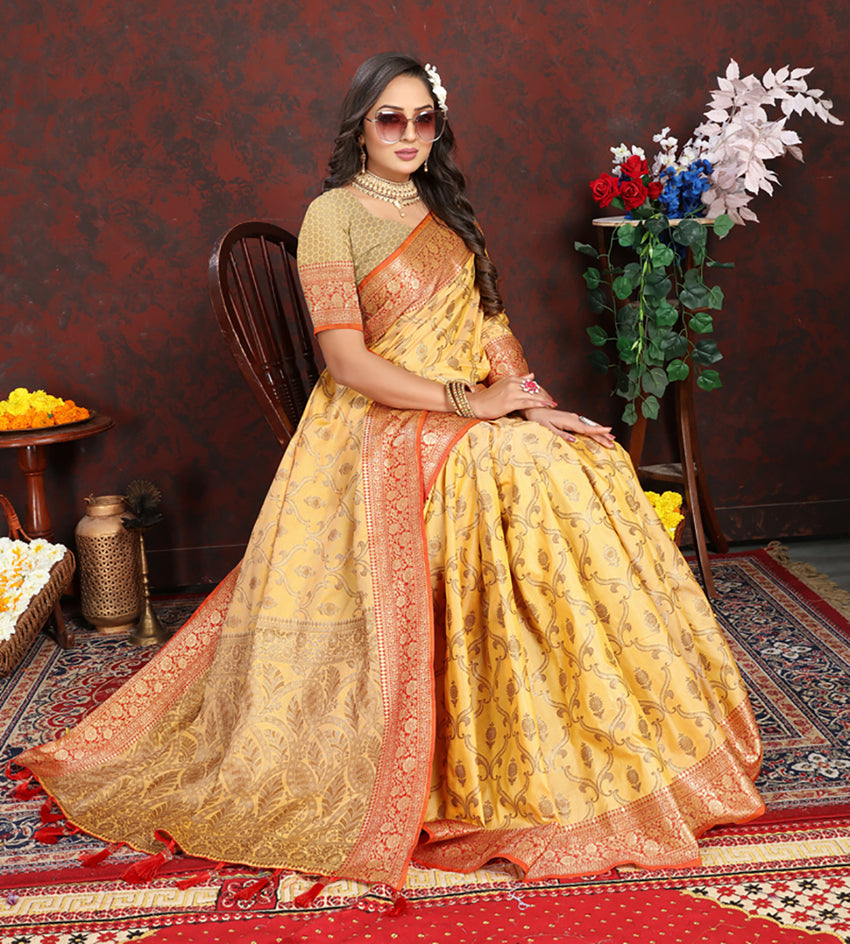 Lorenvalley Fashion Yellow Soft Katan Silk Woven Design Rich Zari Weaving Pallu Saree