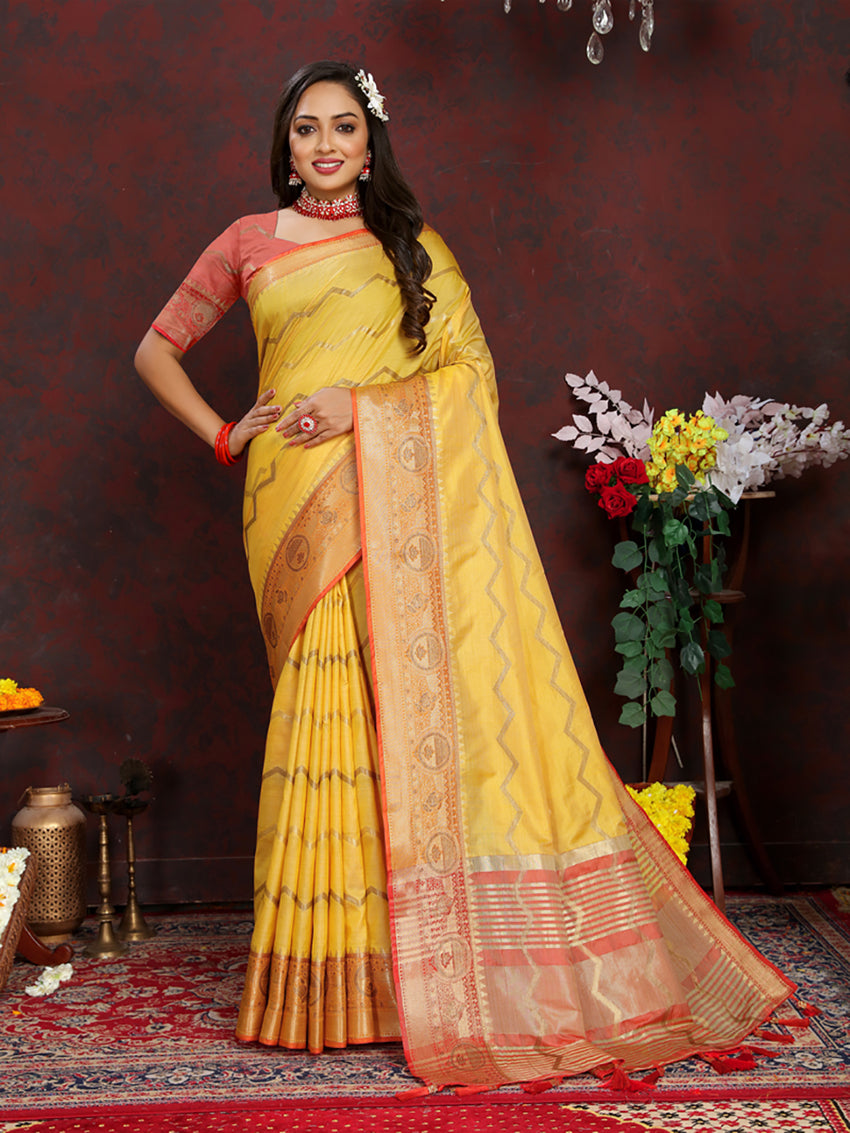 Lorenvalley Fashion Yellow Soft Katan Silk Woven Design Zari Weaving Pallu Saree