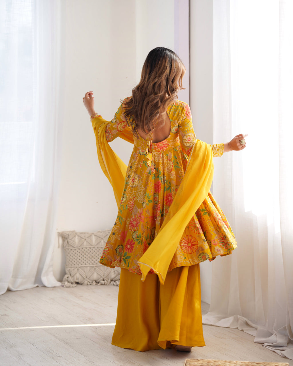 Lorenvalley Women Pure Soft Roman silk Chanderi Discharge Print Fabric Kediya Kurta Palazzo with Dupatta Set - Yellow
