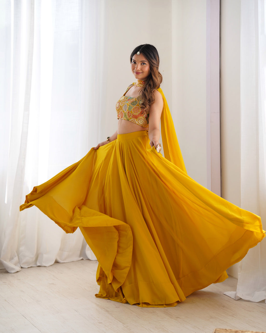 Lorenvalley Yellow Faux Georgette Stitched Lehenga Embroidery Blouse with Dupatta