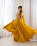 Lorenvalley Yellow Faux Georgette Stitched Lehenga Embroidery Blouse with Dupatta