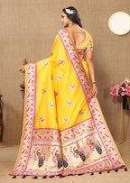 Lorenvalley Fashion Yellow Soft Paithani Silk Woven Design Rich Meenakari Zari Weaving Pallu Saree