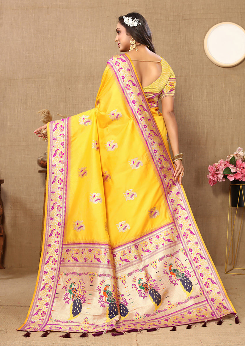 Lorenvalley Fashion Yellow Soft Paithani Silk Woven Design Rich Meenakari Zari Weaving Pallu Saree