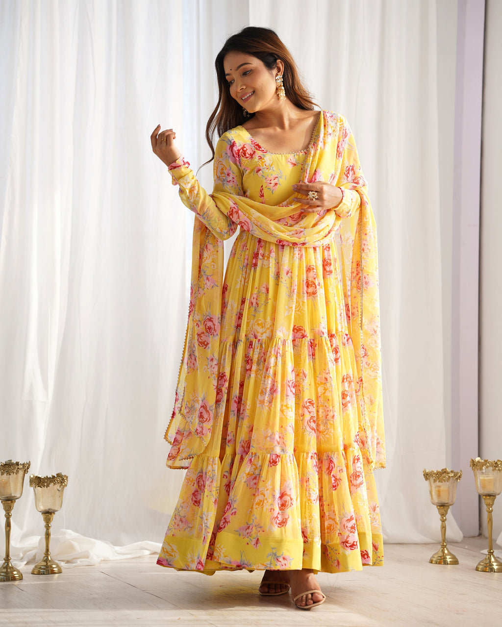 Lorenvalley Women Pure Soft Faux Georgette Floral Print Fully Flair Anarkali Kurta Pant With Dupatta Set - Yellow