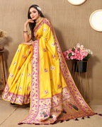 Lorenvalley Fashion Yellow Soft Paithani Silk Woven Design Rich Meenakari Zari Weaving Pallu Saree