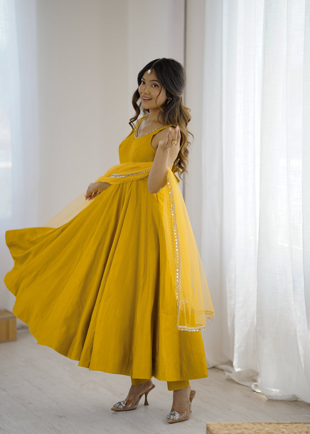 Lorenvalley Fashion Yellow Pure Romansilk Chanderi Fabric Yoke Fancy Lace Work Anarkali Kurta Pant With Dupatta Set - Distacart