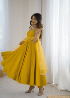 Lorenvalley Fashion Yellow Pure Romansilk Chanderi Fabric Yoke Fancy Lace Work Anarkali Kurta Pant With Dupatta Set - Distacart