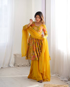 Lorenvalley Women Pure Soft Roman silk Chanderi Discharge Print Fabric Kediya Kurta Palazzo with Dupatta Set - Yellow
