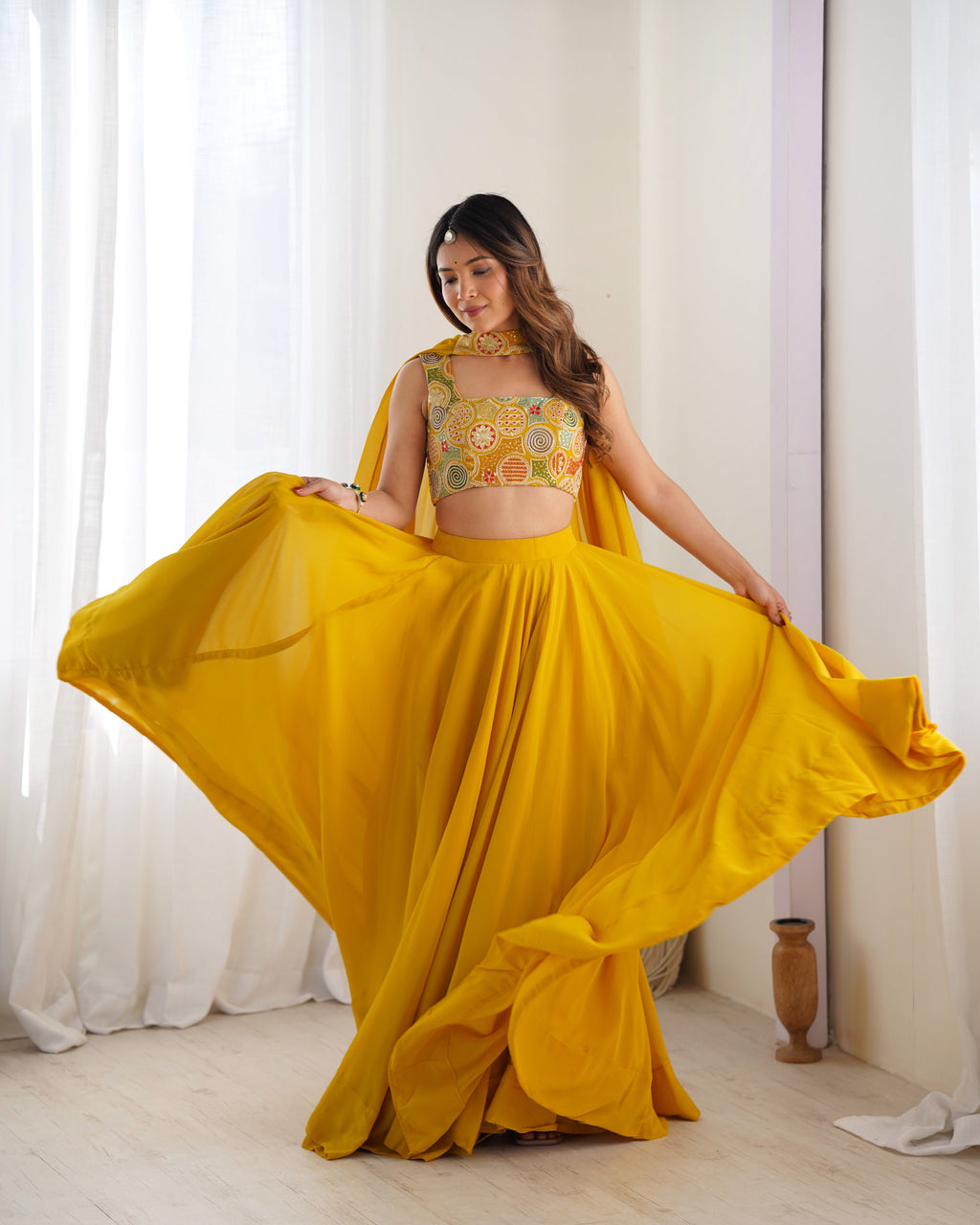 Lorenvalley Yellow Faux Georgette Stitched Lehenga Embroidery Blouse with Dupatta