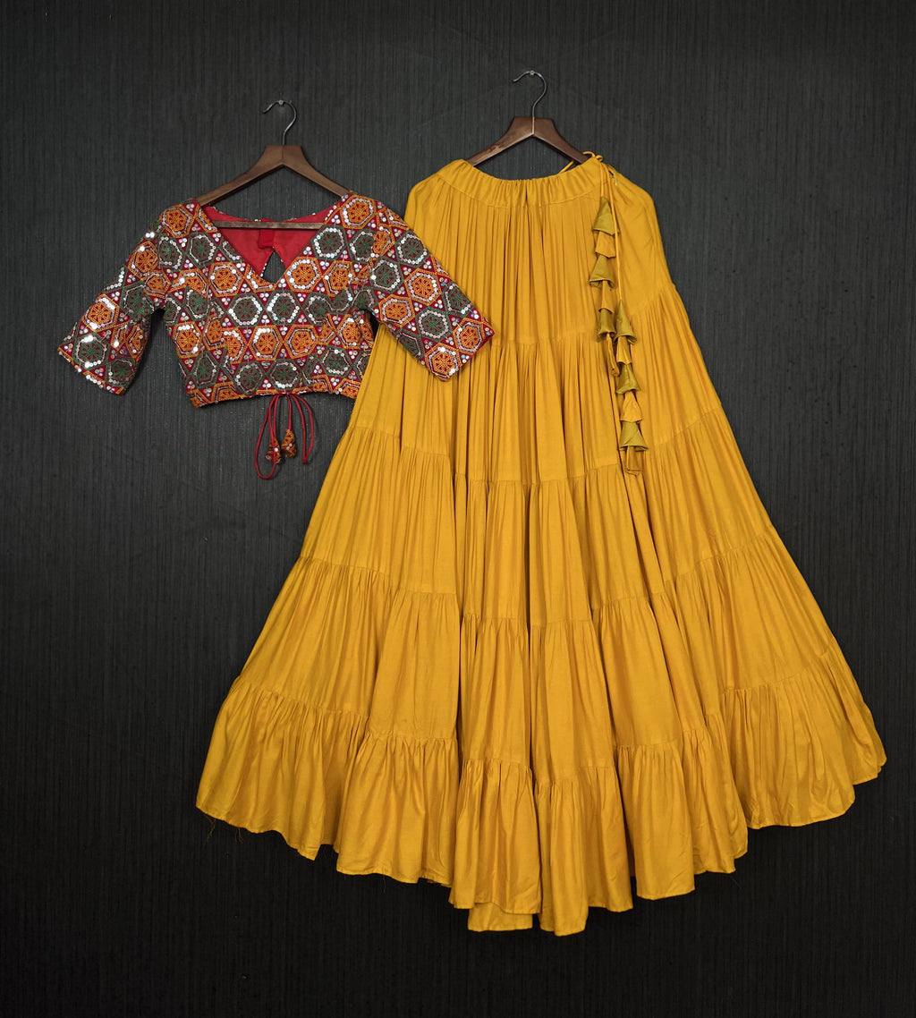 Lorenvalley Yellow Premium Rayon Lehenga with Georgette Embroidered Traditional Thread work Choli
