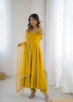 Lorenvalley Fashion Yellow Pure Romansilk Chanderi Fabric Yoke Fancy Lace Work Anarkali Kurta Pant With Dupatta Set - Distacart