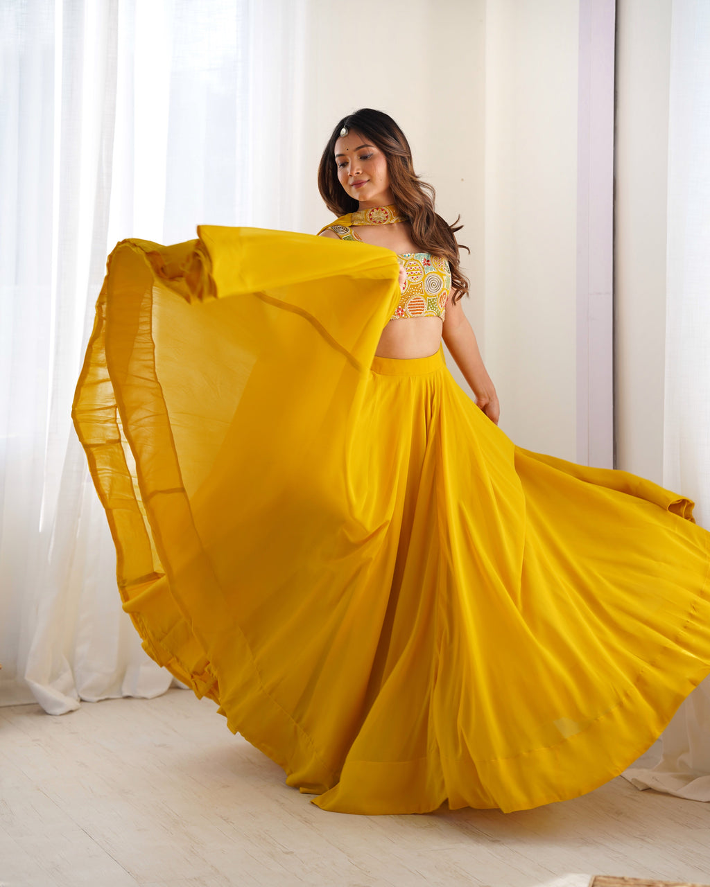 Lorenvalley Yellow Faux Georgette Stitched Lehenga Embroidery Blouse with Dupatta