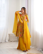 Lorenvalley Women Pure Soft Roman silk Chanderi Discharge Print Fabric Kediya Kurta Palazzo with Dupatta Set - Yellow