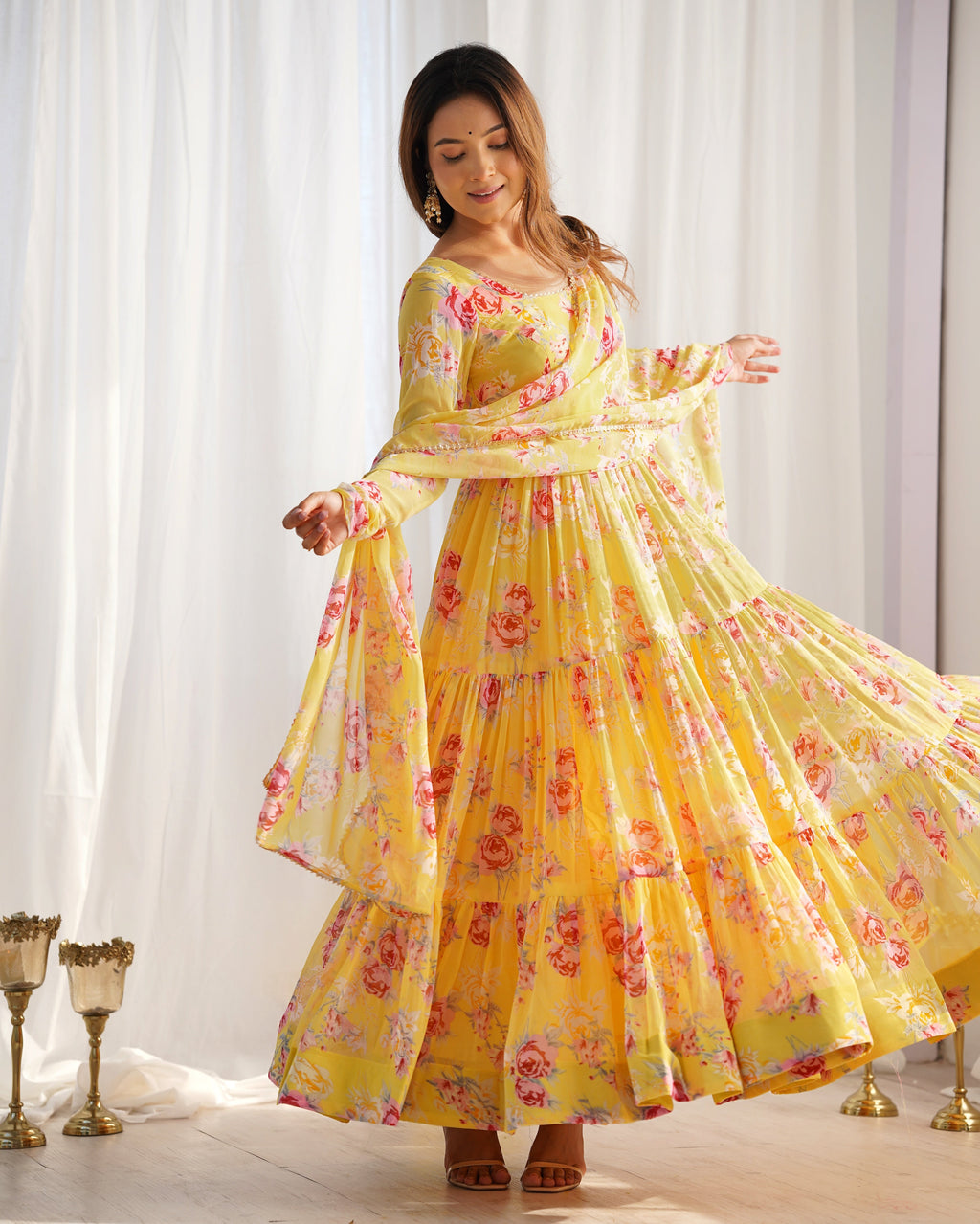 Lorenvalley Women Pure Soft Faux Georgette Floral Print Fully Flair Anarkali Kurta Pant With Dupatta Set - Yellow