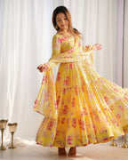 Lorenvalley Women Pure Soft Faux Georgette Floral Print Fully Flair Anarkali Kurta Pant With Dupatta Set - Yellow