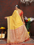 Lorenvalley Fashion Yellow Soft Katan Silk Woven Design Zari Weaving Pallu Saree