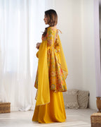 Lorenvalley Women Pure Soft Roman silk Chanderi Discharge Print Fabric Kediya Kurta Palazzo with Dupatta Set - Yellow
