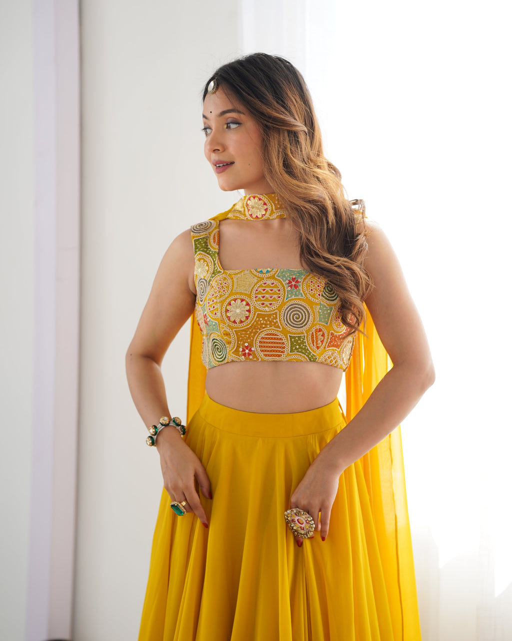 Lorenvalley Yellow Faux Georgette Stitched Lehenga Embroidery Blouse with Dupatta