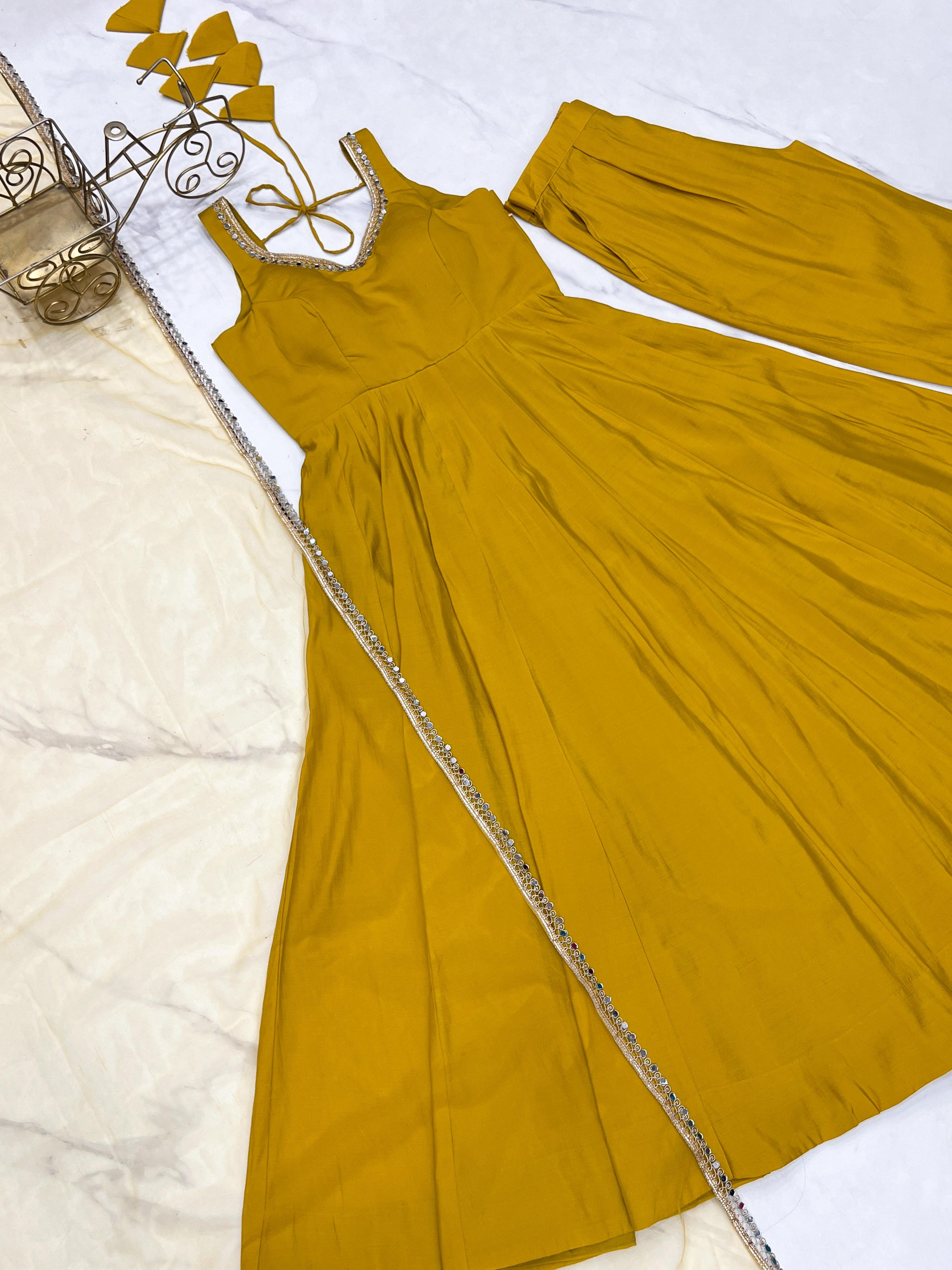 Lorenvalley Fashion Yellow Pure Romansilk Chanderi Fabric Yoke Fancy Lace Work Anarkali Kurta Pant With Dupatta Set - Distacart