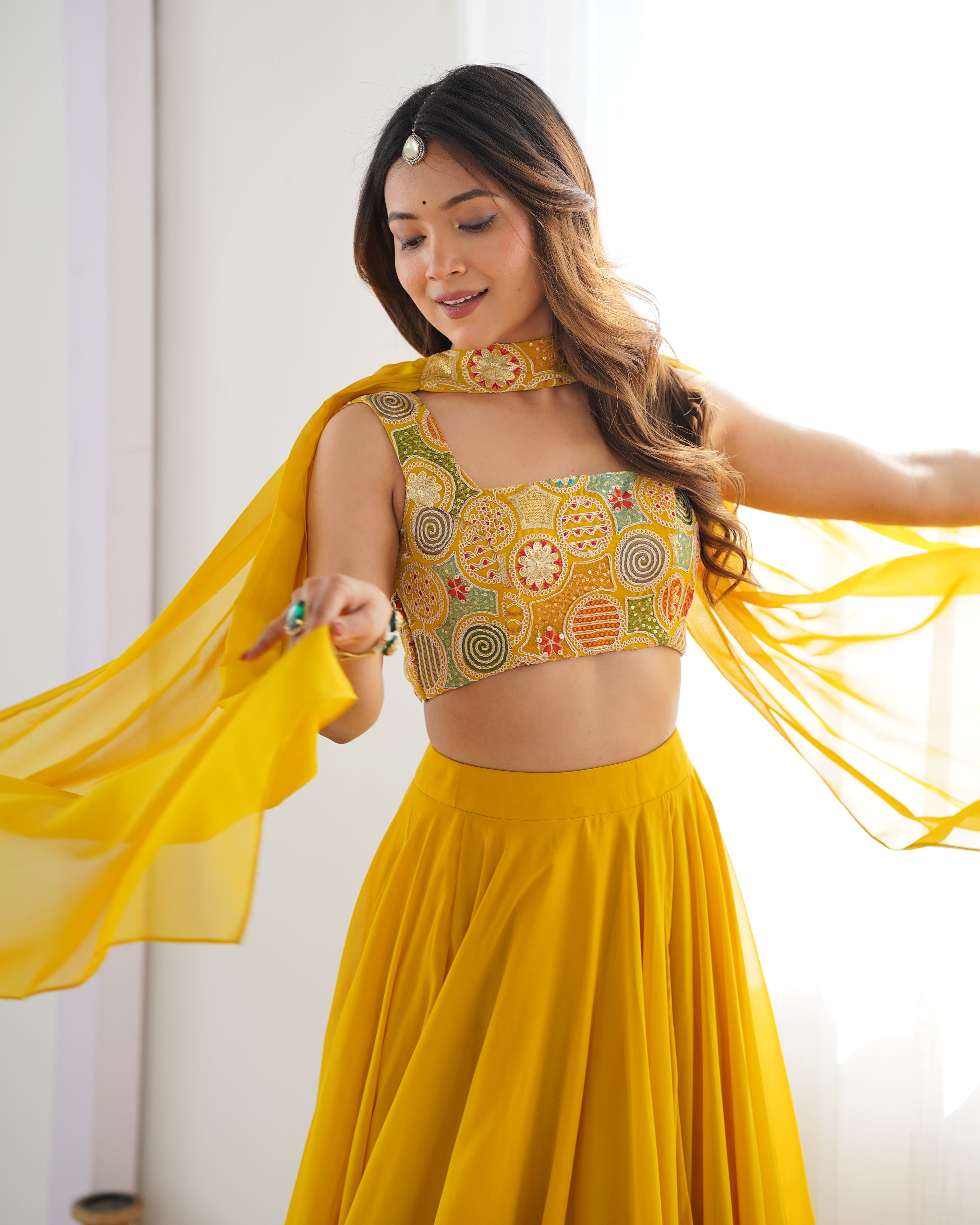 Lorenvalley Yellow Faux Georgette Stitched Lehenga Embroidery Blouse with Dupatta