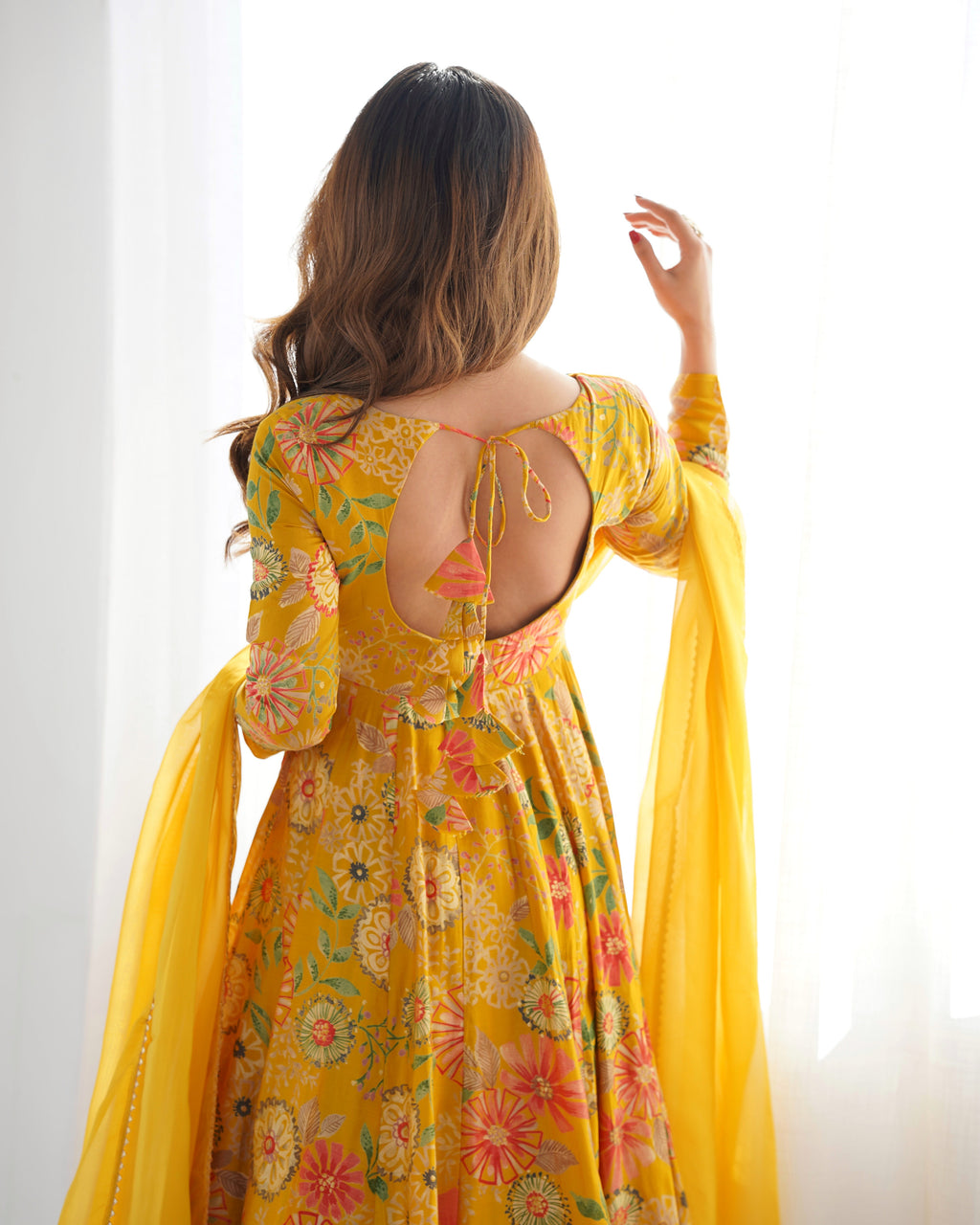 Lorenvalley Women Pure Soft Roman silk Chanderi Discharge Print Fabric Kediya Kurta Palazzo with Dupatta Set - Yellow