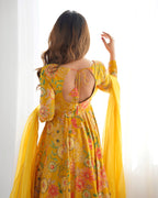 Lorenvalley Women Pure Soft Roman silk Chanderi Discharge Print Fabric Kediya Kurta Palazzo with Dupatta Set - Yellow
