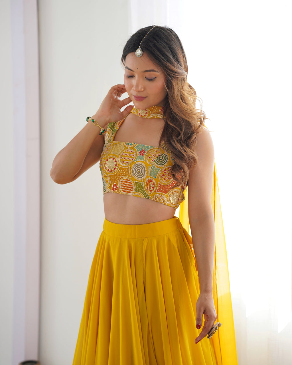 Lorenvalley Yellow Faux Georgette Stitched Lehenga Embroidery Blouse with Dupatta