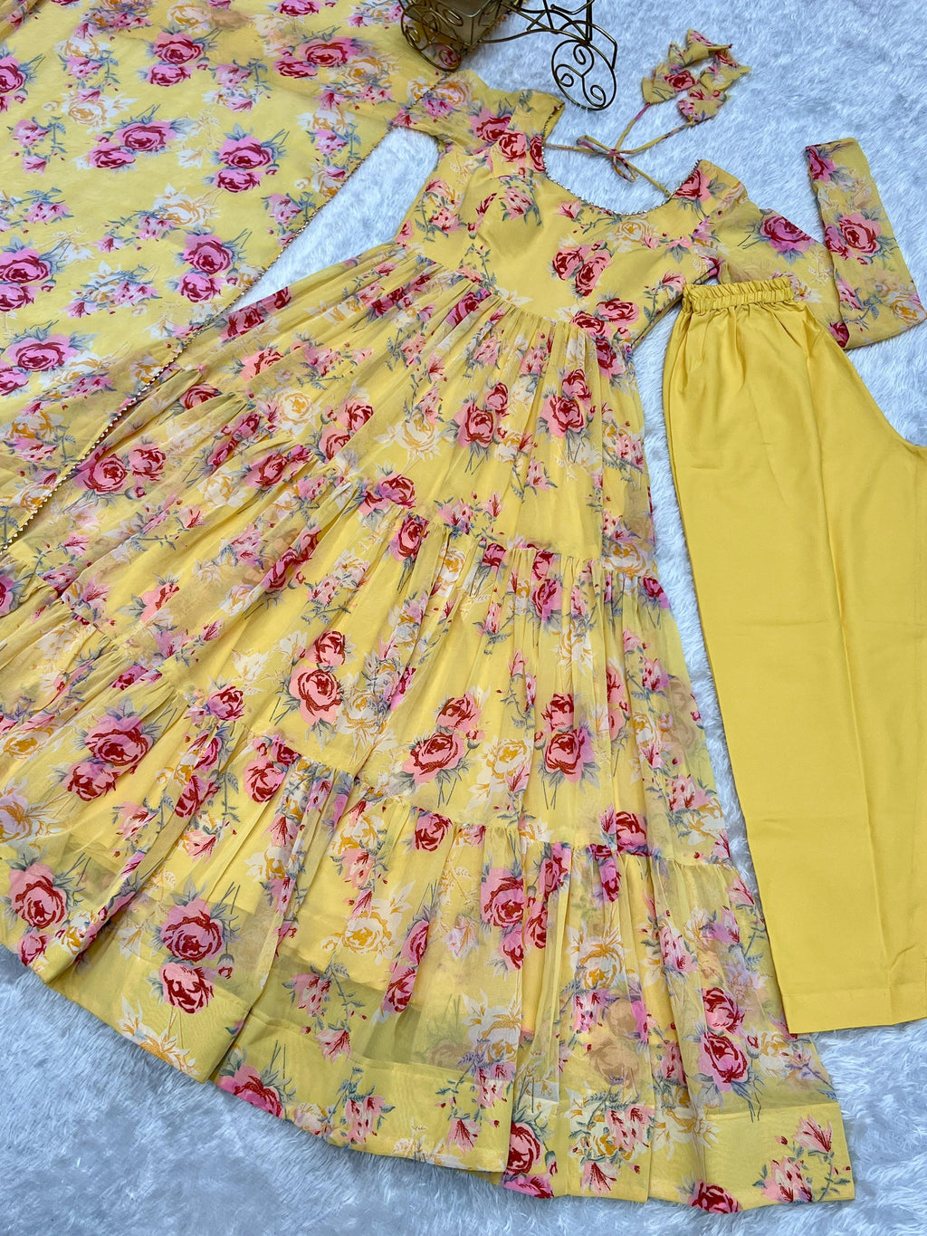 Lorenvalley Women Pure Soft Faux Georgette Floral Print Fully Flair Anarkali Kurta Pant With Dupatta Set - Yellow