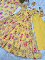 Lorenvalley Women Pure Soft Faux Georgette Floral Print Fully Flair Anarkali Kurta Pant With Dupatta Set - Yellow