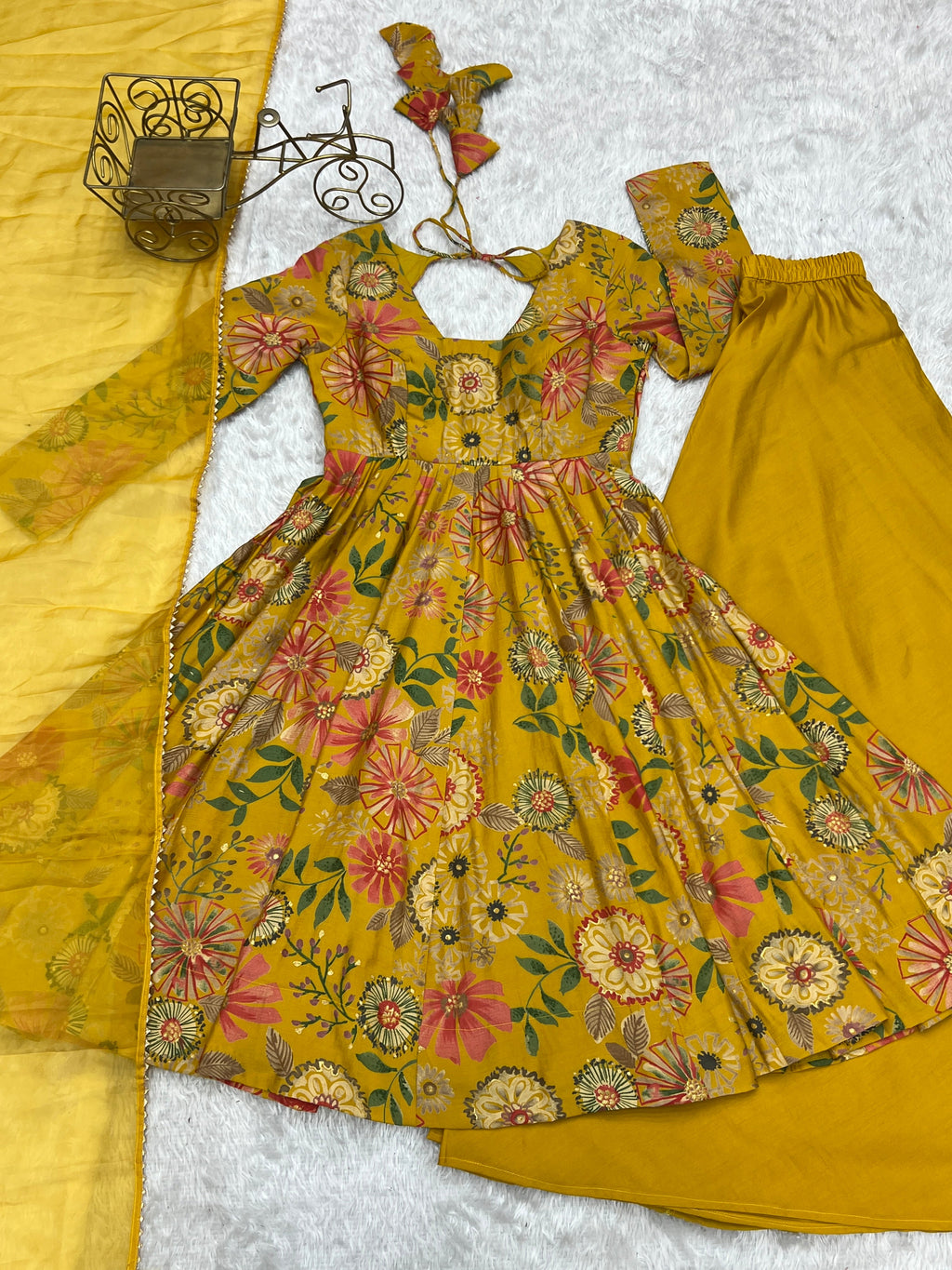 Lorenvalley Women Pure Soft Roman silk Chanderi Discharge Print Fabric Kediya Kurta Palazzo with Dupatta Set - Yellow
