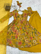 Lorenvalley Women Pure Soft Roman silk Chanderi Discharge Print Fabric Kediya Kurta Palazzo with Dupatta Set - Yellow