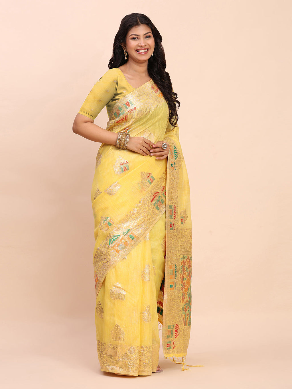 Anaita Yellow Linen Woven Work Saree With Blouse - Distacart