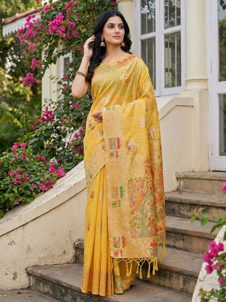 Anaita Yellow Linen Woven Work Saree With Blouse