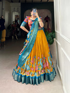 Lorenvalley Yellow Dola Silk and Jacquard Silk Printed (Kalamkari) With Zari Weaving Border Lehenga Choli