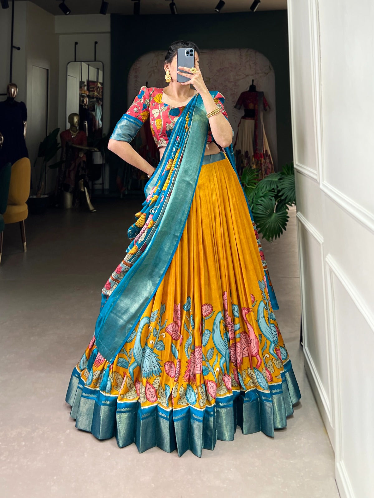 Lorenvalley Yellow Dola Silk and Jacquard Silk Printed (Kalamkari) With Zari Weaving Border Lehenga Choli